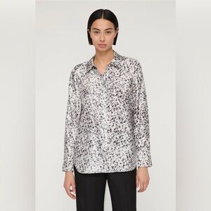 Lafayette 148 Women's Large WOODGRAIN PRINT 100% SILK TWILL BUTTON BLOUSE Office